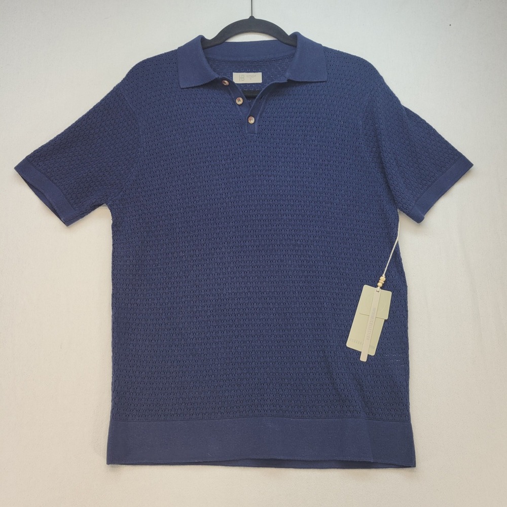 Hudson & Barrow Crochet Knit Polo Shirt Mens Medium Blue Short Sleeve Textured